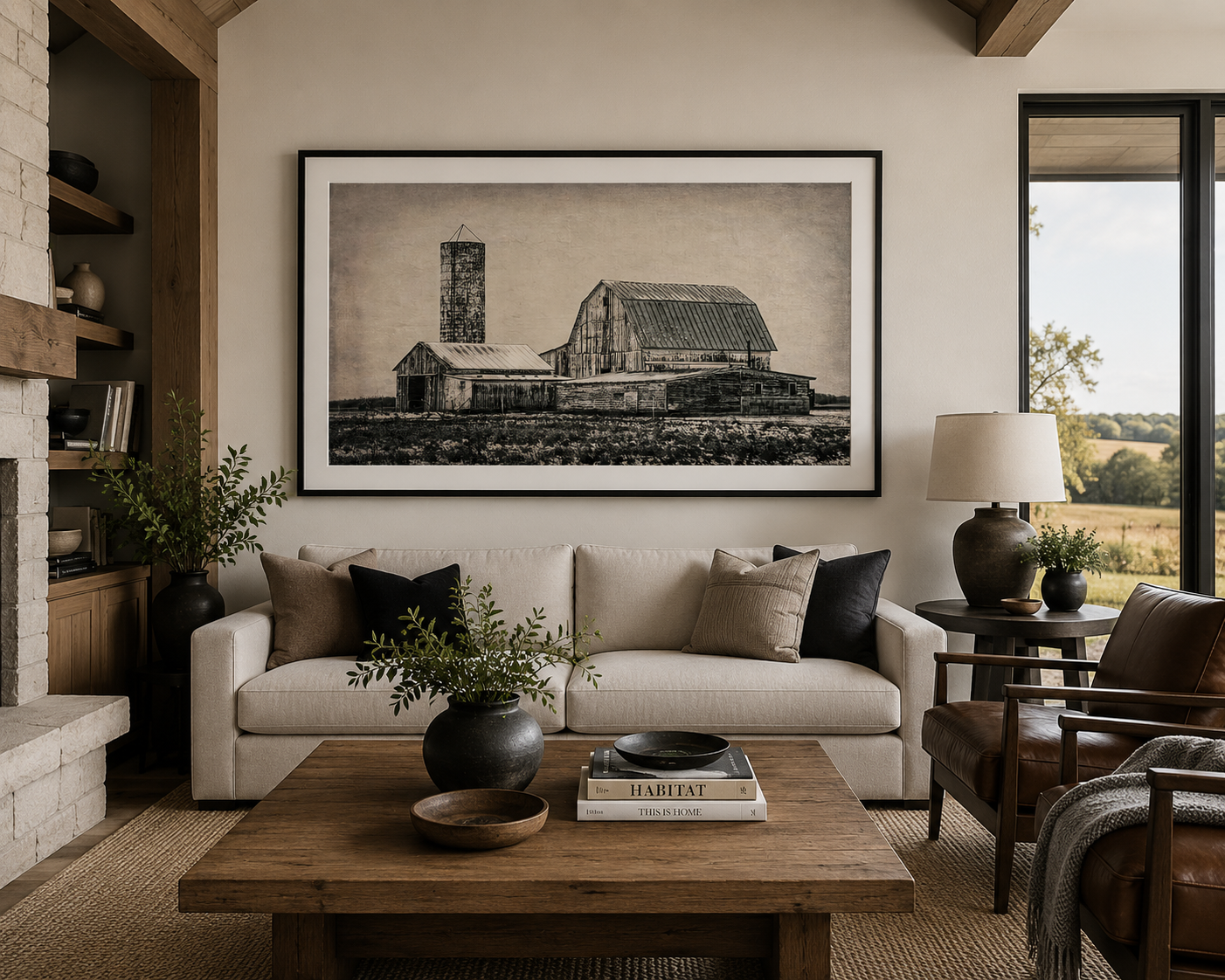 Wide rustic barn artwork correctly scaled above a sofa in a country home living room